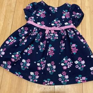 5/$25 Sweet dress, 100% cotton, navy with purple floral print & bow, 0-3 months